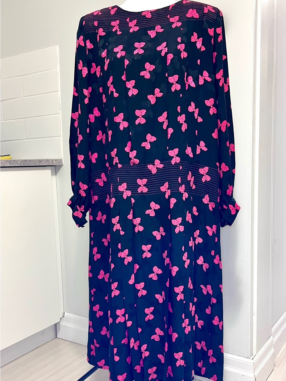 Vintage Albert Nipon Black Dress with Hot Pink Butterfly Print